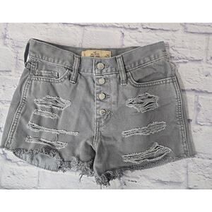 Hollister High Rise Denim Short Shorts-Size 1/25-Gray Wash-Distressed-Button Fly